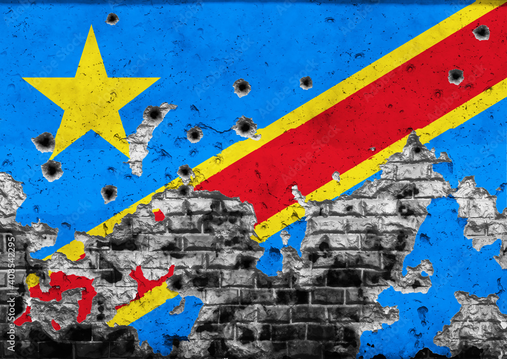 Concept of the Armed Conflict in the Democratic Republic of the Congo (Congo-Kinshasa) with a painted flag on a cracked wall with wholes of bullets. 3D-Illustration. 3D-rendering