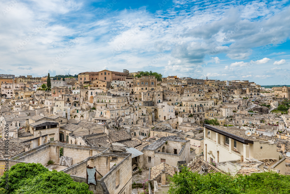 Panoramic view of the Sasso Barisano in Matera, Italy, part of the Sassi and the Park of the Rupestrian Churches of Matera, a UNESCO World Heritage site