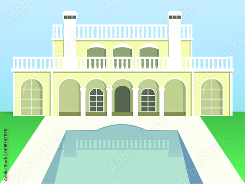 Luxury Arabic villa with the swimming pool design muslim residence house for rental vector illustration vintage style