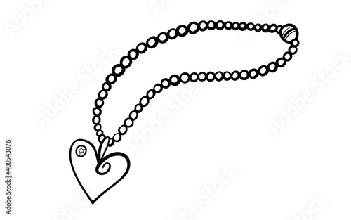 Pearl necklace with heart shaped pendant in doodle style. Hand drawn vector illustration in black ink isolated on white background. Great for coloring book.