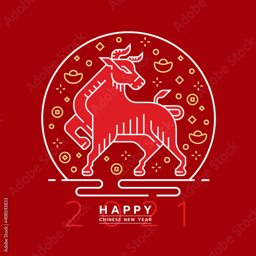 chinese new year 2021, year of the ox banner with abstract modern line ox zodiac in circle around money coin line icon on red background vector design