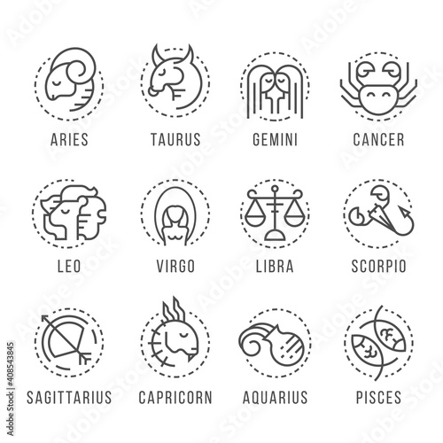 12 horoscope mono line border and dash circle icon collection vector design photo