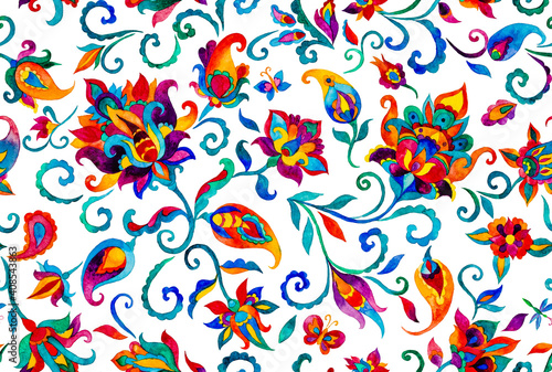 Paisley watercolor floral pattern tile: flowers, flores, tulips, leaves. Oriental indian traditional hand painted water color whimsical seamless print, ceramic design. Abstract india batik background