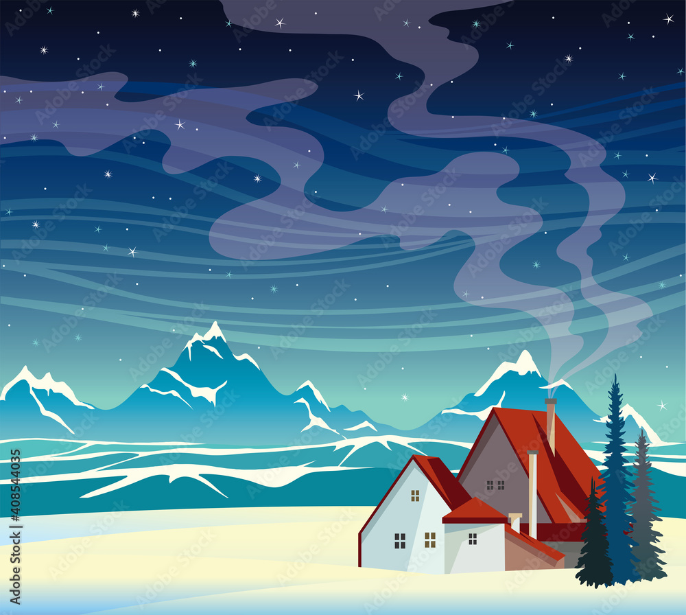 Naklejka premium Winter landscape - mountains, snow and house at night