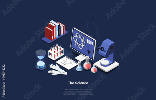 Isometric Set Of Science Related Items On Dark Background. Vector Composition In Cartoon 3D Style With Writing. Computer Monitor And Formula On Screen, Gloves, Microscope, Books, Test Tubes, Notebook