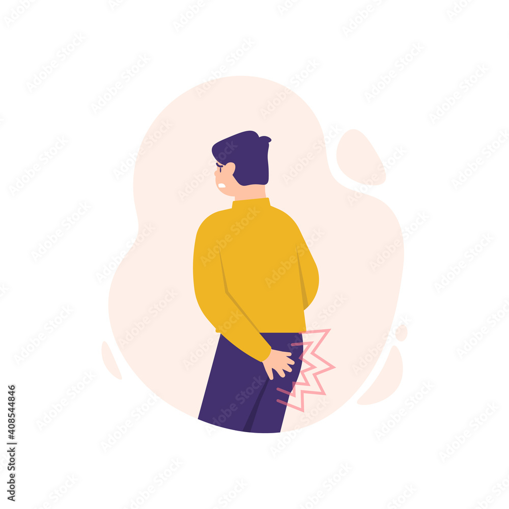 illustration of a man holding his butt in pain. people suffer from hemorrhoids, ulcers, as well as bruises or wounds on the bottom. flat style. vector design elements illustration of a man holding his butt in pain. people suffer from hemorrhoids, ulcers, as well as bruises or wounds on the bottom. flat style. vector design elements