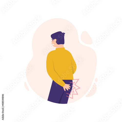 illustration of a man holding his butt in pain. people suffer from hemorrhoids, ulcers, as well as bruises or wounds on the bottom. flat style. vector design elements