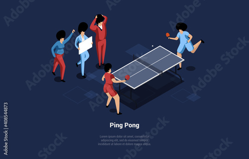 Two Ping Pong Players Vector Illustration. Isometric Composition In Cartoon 3D Style On Dark Background With Writing. People In Uniform Playing Game With Rackets, Ball And Table. Tennis Active Sport
