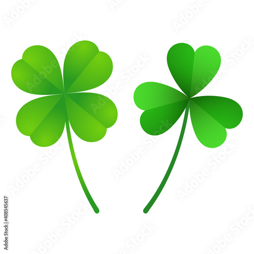 illustration of green three-leafed and four-leafed clover on white background