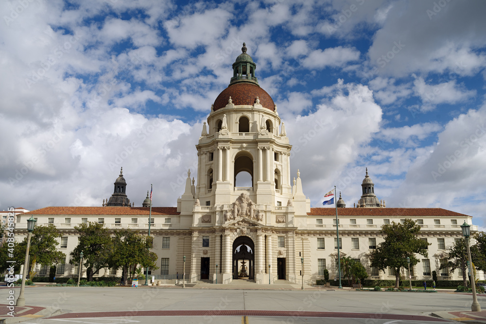 Image of the Pasadena City Hall against beautiful clouds and blue sky. Pasadena is located in Los Angeles County, California.