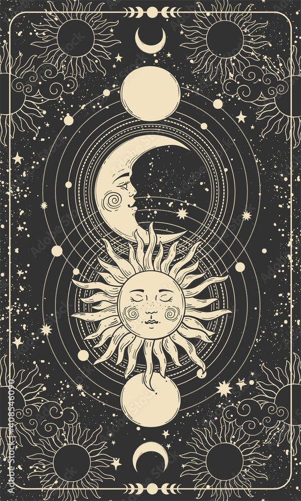 Mystical drawing of sun with face, moon and crescent moon, background for tarot  card, magic boho illustration. Golden sun with closed eyes on a black  background with stars. Vector vector de Stock