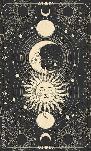 Mystical drawing of sun with face, moon and crescent moon, background for tarot card, magic boho illustration. Golden sun with closed eyes on a black background with stars. Vector 