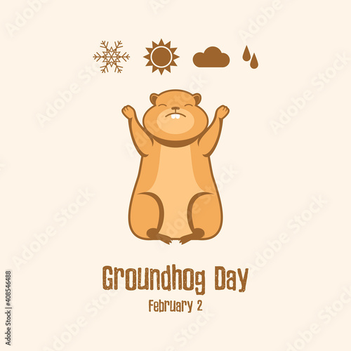 Groundhog Day Poster with a marmot predicting the weather vector. Weather forecast with marmot vector. Woodchuck and weather symbols vector. February 2, Important day