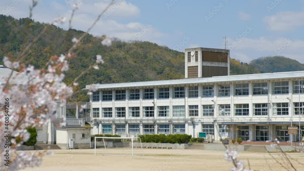 学校と桜の花 春イメージ 入学式 新学期 学校と桜の花 春イメージ 入学式 新学期