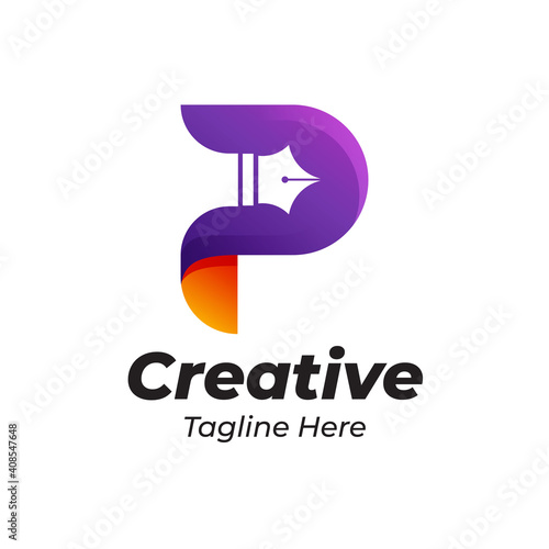 Creative letter P logo design with pen shape