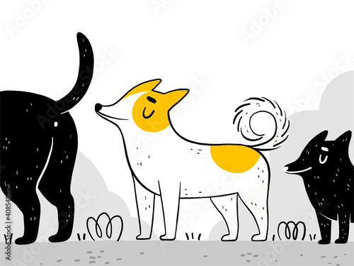 A funny dog walks on the street and sniffs other dogs. Puppies sniff each other. Normal pet behavior