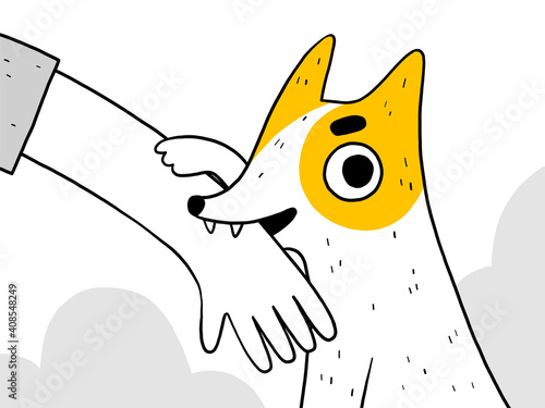 A funny dog bites a man's hand. Puppy behavior problems. The owner trains his pet