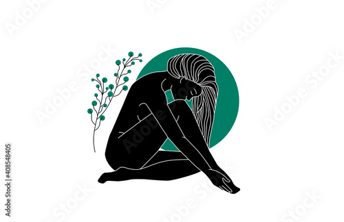 Black silhouette of a woman on a background of a green circle. Magic girl illustration. Plant with green fruits. A symbol of femininity. Woman in nature; outdoor meditation, spa treatments.