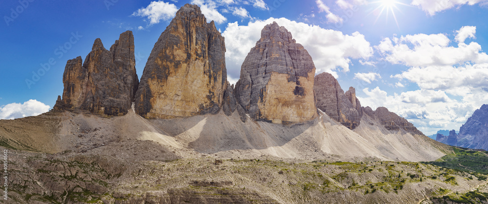 Panorama of Tre Cime peaks in Dolomites, Italy