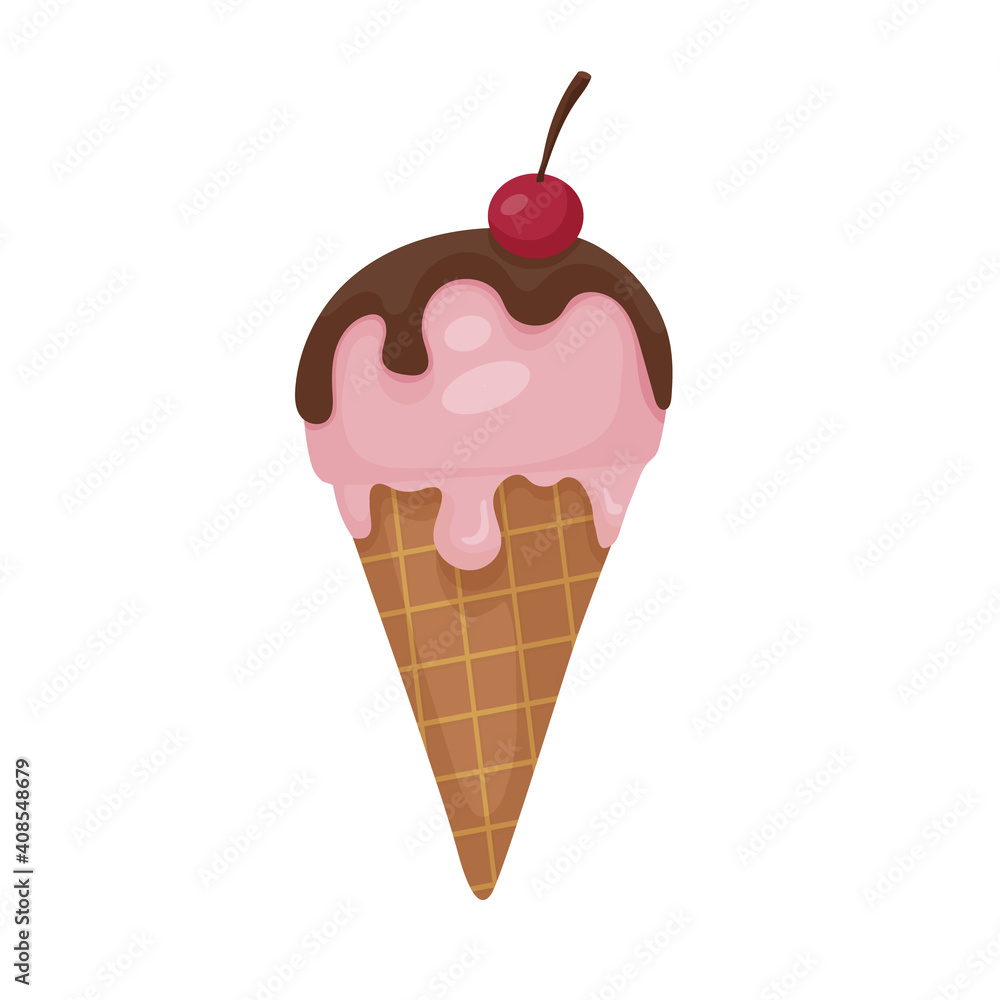 Ice cream flat vector illustration in cartoon style. Pink ball of melting ice cream in a waffle cone. Dark chocolate and ripe cherry on top. A favorite tasty dessert Ice cream flat vector illustration in cartoon style. Pink ball of melting ice cream in a waffle cone. Dark chocolate and ripe cherry on top. A favorite tasty dessert