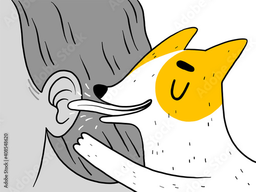 The funny dog rejoices and licks its owner's ear. The puppy happily greets the person