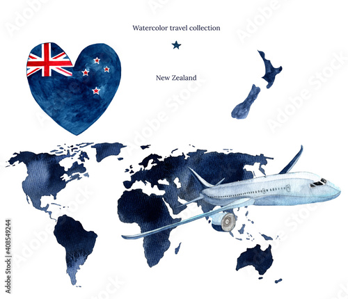 Watercolor hand drawn flag and map of New Zealand.Blue world map with airplane isolated on white background.Watercolor travel collection.