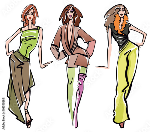 Collection of vector fashion illustration of attractive model girls, in natural brown, green and orange colors.
