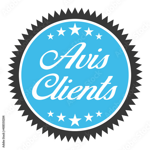 Sticker icône avis client gris foncé et bleu en français. Pour réputation site ou enquête satisfaction entreprise.