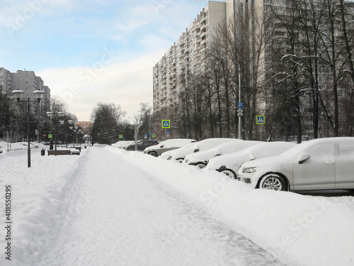 Outdoor parking on the street for cars in winter