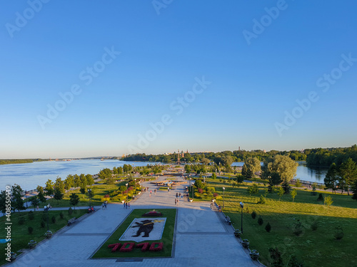 Summer evening. Volga embankment is the pearl of Yaroslavl. Park on the Arrow