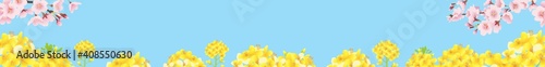 桜と菜の花畑 青空バックの背景イラスト（横長 728×90px webバナー比率）