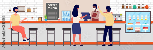 People are ordering food and drink in office canteen. Coffee making equipment. Man is serving visitors. Girl is making an order at checkout. Various types of drinks on the counter of the dining room