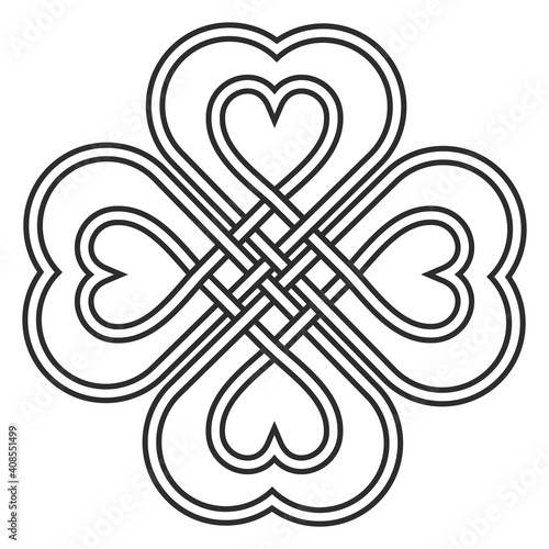 Celtic heart knot in the shape of a clover leaf bringing good luck and love vector knitted heart knot