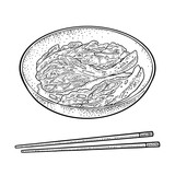 Korean food kimchi on plate with chopsticks. Vintage black vector engraving