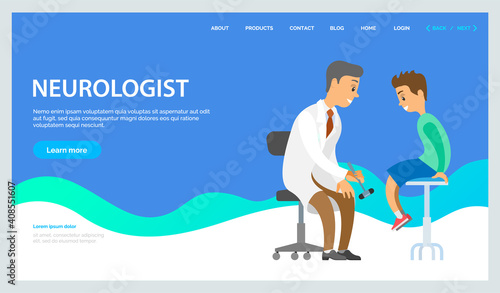 Neurologist examining boy for diagnosis in hospital room landing page template, clinic for children. Male doctor with neurological hammer checks the reflexes of the child sitting on the chair