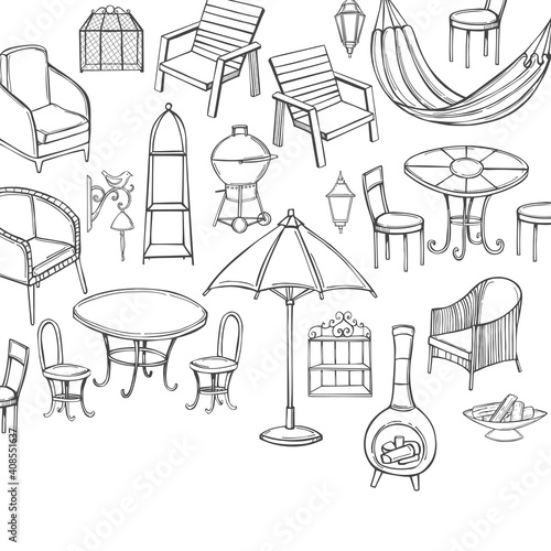 Hand drawn garden furniture. Vector sketch illustration.