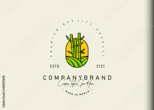 Hill and bamboo logo design. Vector illustration of bamboo forest located between the hills. Modern vintage icon design template with line art style. photo