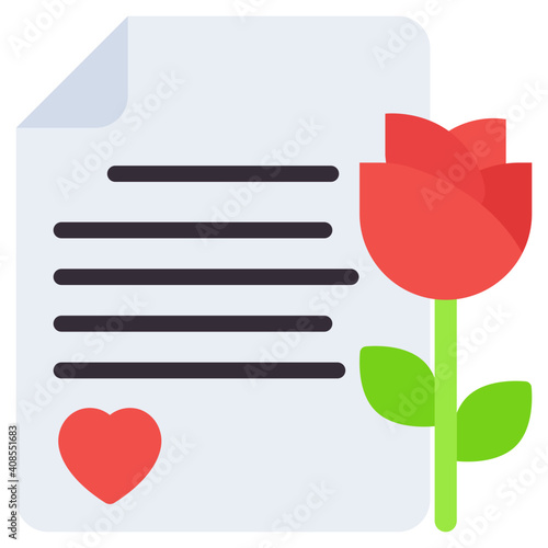 Heart on paper with rose denoting romantic valentine letter icon