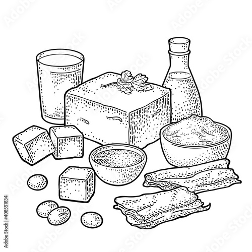 Soy food set. Miso, tofu, skin, soybean, oil, milk, sauce in a bottle and bowl.