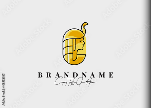 Cleopatra egyptian logo design. Vector illustration of ancient queen of egypt cleopatra. Modern vintage icon design template with line art style.