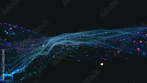 Big data and cybersecurity 3D illustration. Neural networks and artificial intelligence. Information Waves and Global Database. Abstract technological background photo