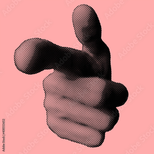 Abstract hand gesture illustration of pointing finger made of dots pattern isolated on pink background