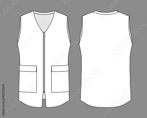 White Hairdresser Vest With Two Pockets Template Vector.Front and Back Views.