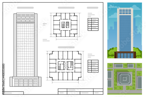 Architectural Project, modern project of building. Wireframe building illustration of architecture