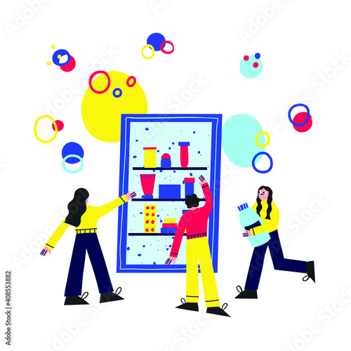 vector illustration - concept of pharmacy and medical supplies.Pharmaceutical showcase.Group of people in a cosmetics store.The characters are buying pills.Isolated on white background - flat style 