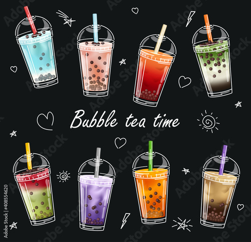Bubble milk tea design collection. Beautiful hand drawn image in modern artistic style on a dark gray textured background.