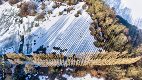 Aerial Drone winter photography of Didsbury Manchester Fletcher Moss