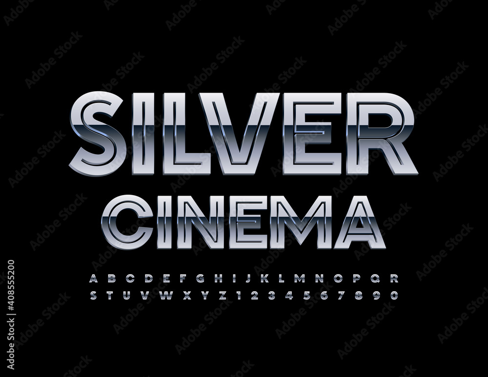 Vector event banner Silver Cinema. Glossy Metal Font. 3D Chrome Aphabet Letters and Numbers set