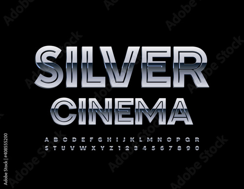 Vector event banner Silver Cinema. Glossy Metal Font. 3D Chrome Aphabet Letters and Numbers set