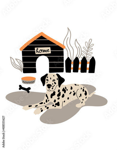 Vector portrait of Dalmatian. Cartoon illustration with dog and doghouse for print, poster, sticker or card.